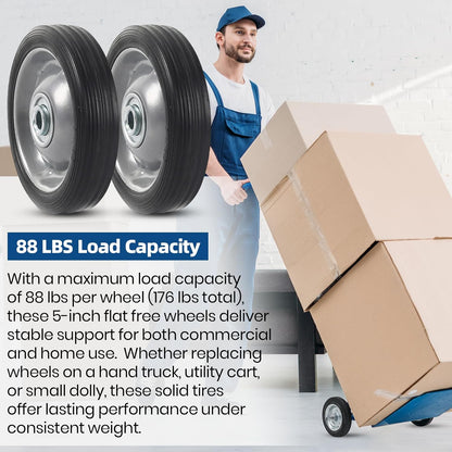 AR-PRO (2-Pack) 5" x 1.2" Flat Free Solid Rubber Wheel Assemblies - Replacement Hand Truck Wheels with Ball Bearings and 1/2" Bore Hole Diameter - Heavy-Duty Solid Rubber Tire 88 lbs Load Capacity