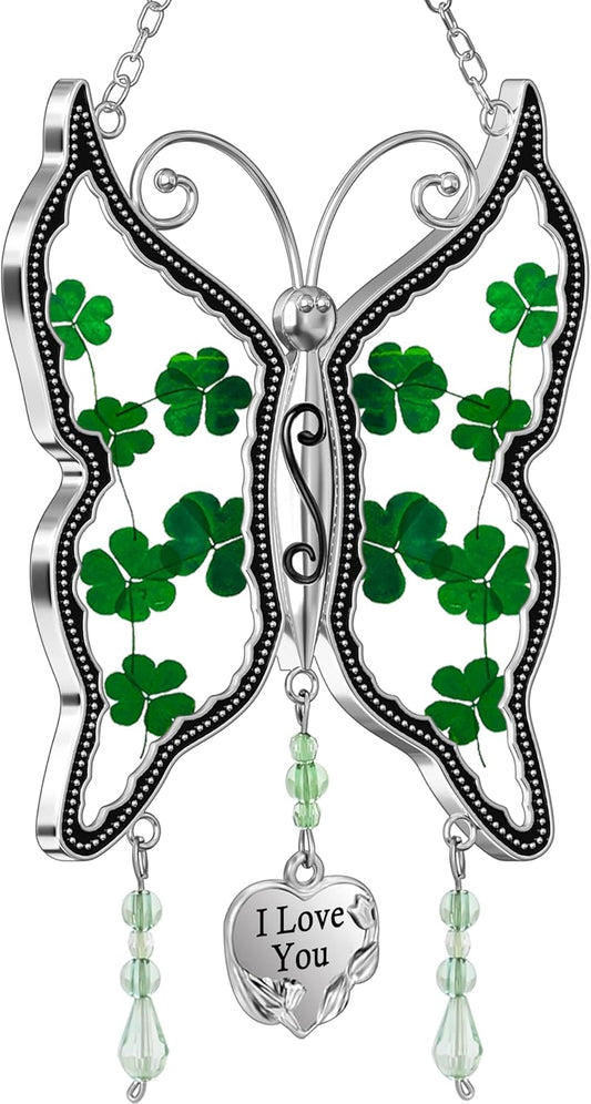 KY&BOSAM Shamrock Butterfly Suncatcher I Love You Irish Stained Glass for Windows Hangings Ornament