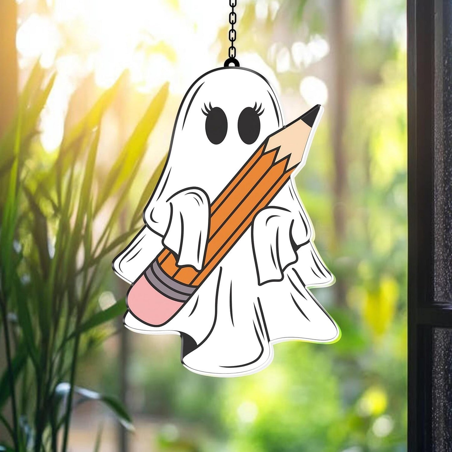 7.87Inch Cute Pencil Ghost Sun Catcher Acrylic Garden Halloween Suncatcher Decor Window Hanging for Wall Home, Garden, Housewarming Women Neighbor Party Decor Gifts
