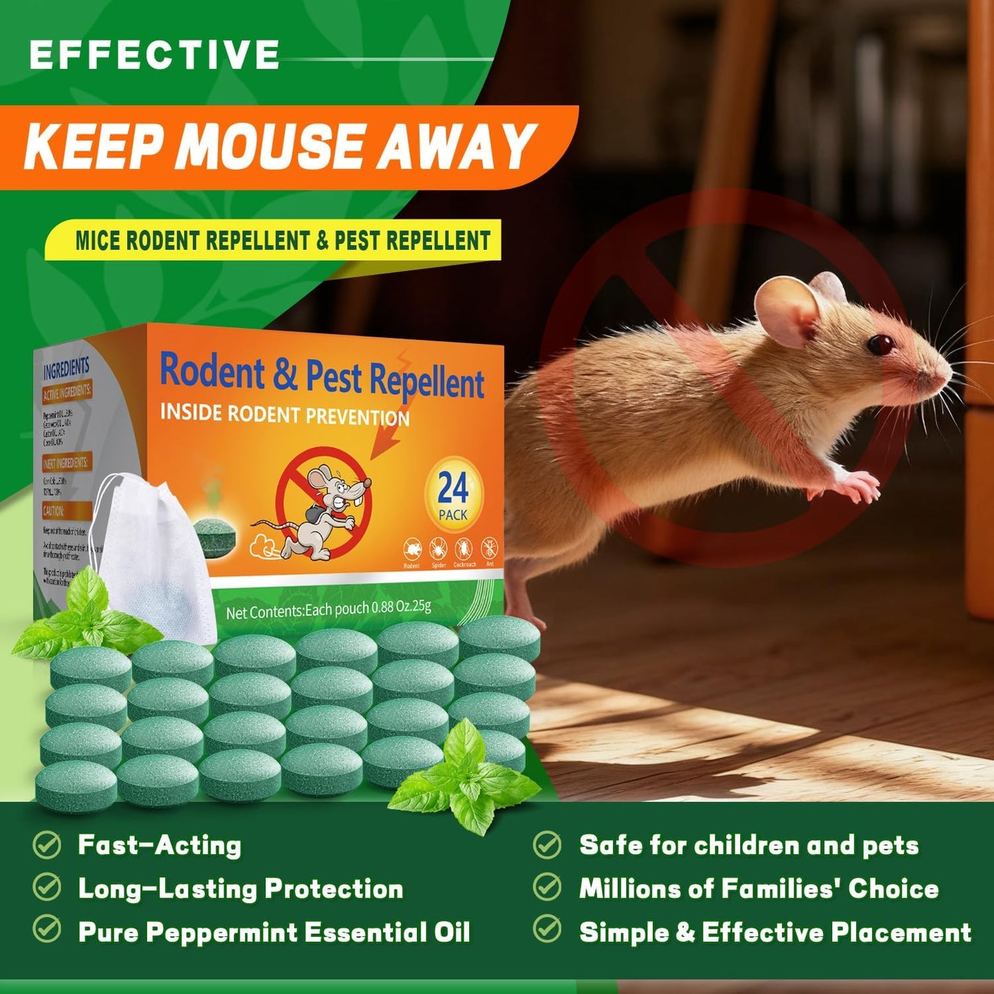 Rodent Mouse Repellent Indoor Outdoor - Peppermint Oil to Repel Mice Mole and Rats, Bug Insect Spider Repellent Pouches, Pest Control Natural Deterrent Safe for Pets & Family 24 Packs