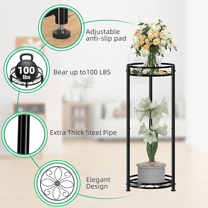 Simple Trending Round Plant Stand Indoor Outdoor, Waterproof Metal Tall 31” Plant Shelf Holder, Heavy Duty Flower Pot Display Rack, 2 Pack, Black