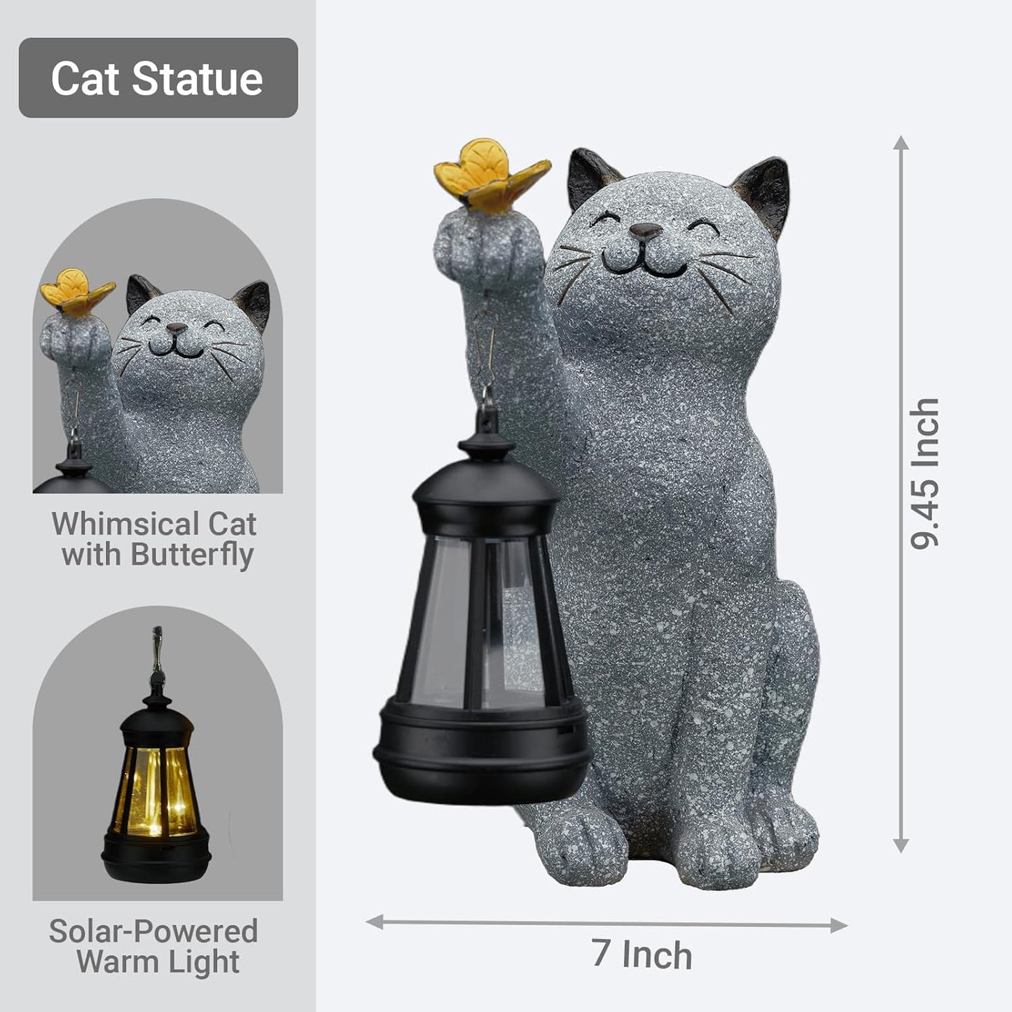 Solar Cat Garden Statue Outdoor Decor, Cat Sculpture with Lantern and Butterfly for Yard Lawn Patio Balcony, Christmas, Birthday Housewarming Gifts for Mom, Grandma, Women, 9.4 inch, Resin