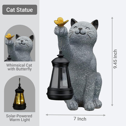 Solar Cat Garden Statue Outdoor Decor, Cat Sculpture with Lantern and Butterfly for Yard Lawn Patio Balcony, Christmas, Birthday Housewarming Gifts for Mom, Grandma, Women, 9.4 inch, Resin