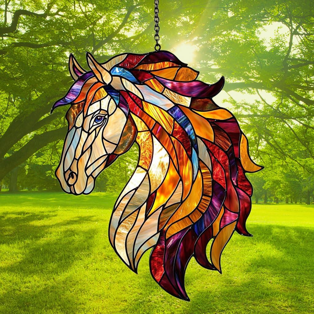 Colorful Horse Exotic Acrylic Suncatcher Stained Glass Effect Window Car Hanging Christmas Ornament Indoor Outdoor Decor Garden Sun Catcher Panel for Horse Lover for Women Mom Grandma