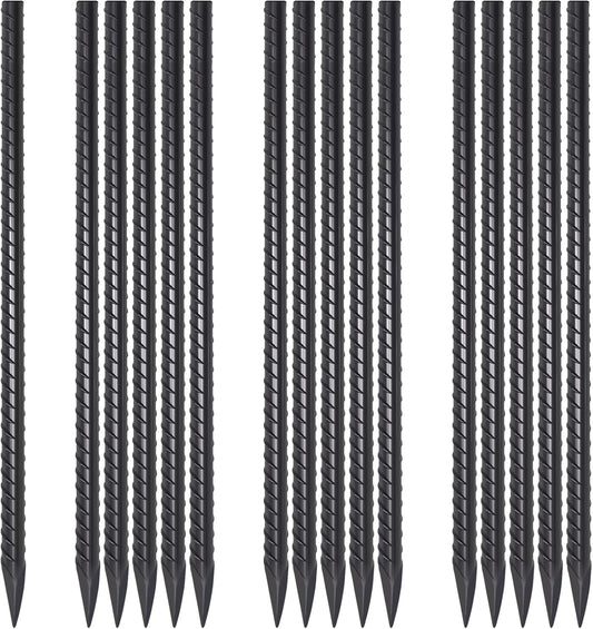Straight Rebar Stakes 18 Inch 16 Pack Heavy Duty Steel Ground Stakes 1/2 Inch Diameter Landscape Timber Spikes with Chisel Point End for Plant Support, Concrete Form and Fence, Black