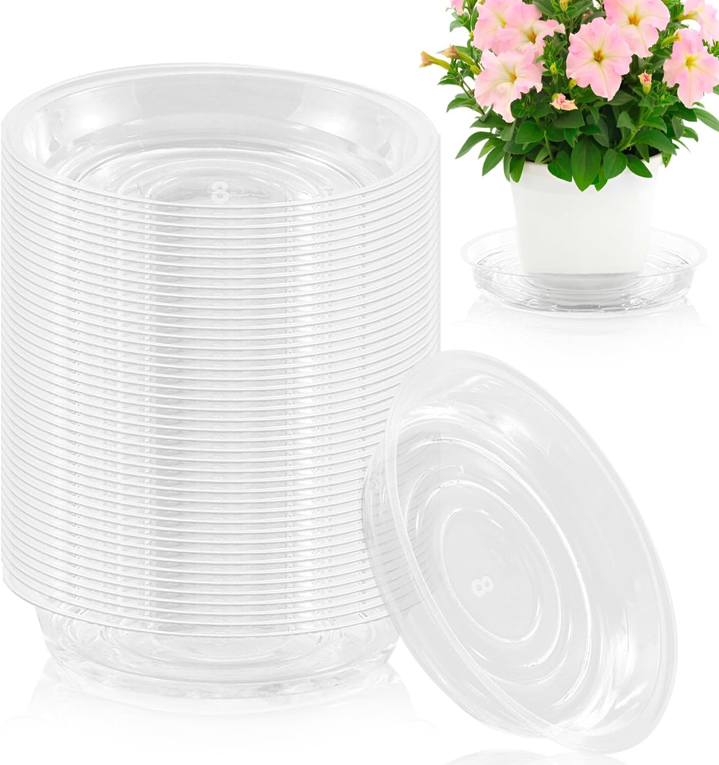 60 Pack 8 Inch Plant Saucer Clear Plant Saucers for Outdoors Plants Drip Trays, Large Pot Saucer No Holes Pot Saucers Planter Trays for Outdoor Plants Bulk Plastic Tray for Flower Pots, Snack Storage