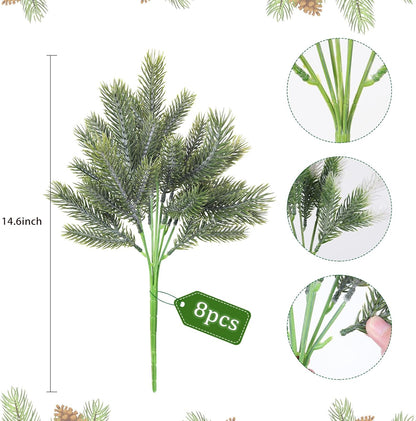 RECUTMS Artificial Pine Needles Branches Plastic Greenery Stems Soft Fake Plants Outdoor Leaves Picks Stem Boxwood UV Resistant Decor for Indoor Office Wedding (Dark Green)