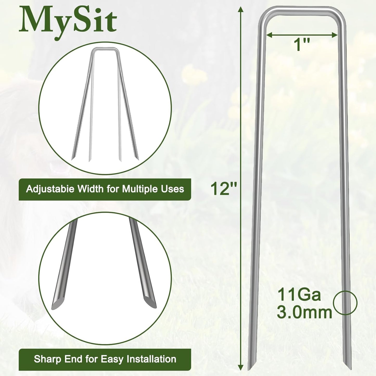MySit 12" Garden Stakes Pins Landscape Staples 11Ga Tent Stakes 50 Pack, Heavy Duty Galvanized Steel Metal Yard Stakes Ground Lawn Staples Fence Anchors for Weed Barrier Fabric