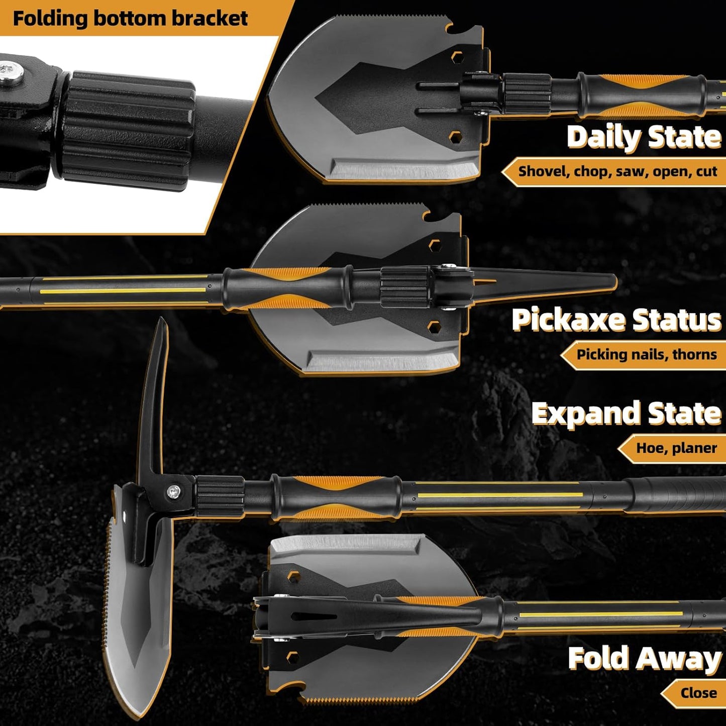28" Tactical Folding Shovel Military Multi-Tool - Entrenching Tool with Pick/Axe/Saw, Carry Case - Portable for Car, Camping,Snow, Hiking, Survival Gear