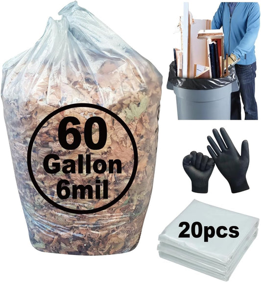 6 Mil Clear Contractor Bags - 20 Pack Heavy Duty Contractor Trash Bags for 50/55/60 Gallon Large