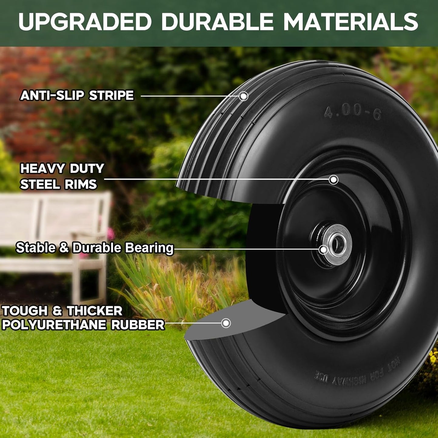 Taifa 13 Inch 1 Pack Solid Flat Free Replacement Tires and Wheels 4.00-6 with 5/8'' Axle Bore Hole, Air Less Wheel for Wheelbarrow/Wagon/Hand Truck/Trolley/Garden Scooter etc.