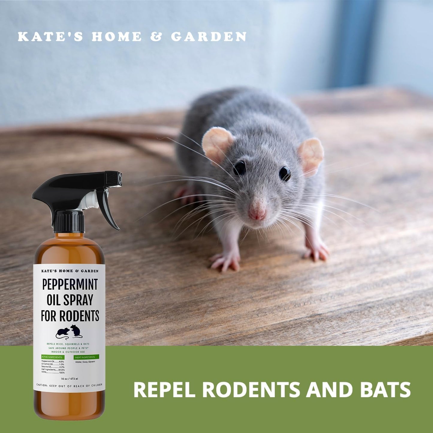 Kate Naturals Peppermint Oil Spray for Rodents, Squirrels, Mouse, Bat, Rat, Car Engines (16oz, Non-Toxic Rodent Repellent, Pet Safe)