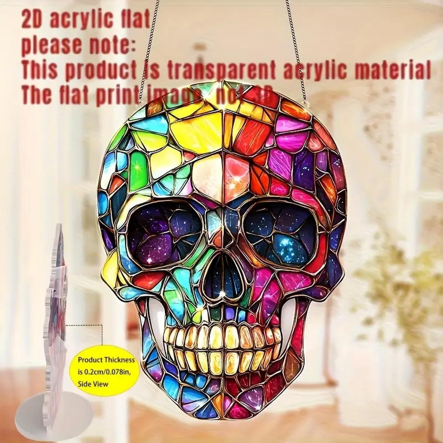 1pcs Stained Glass Window Hanging，Skull Suncatchers，The Day of Dead Ornament，Acrylic Window Sun Catcher Decor，Garden Home Wall Art Suncatcher， Friends Women Men 7.8inch