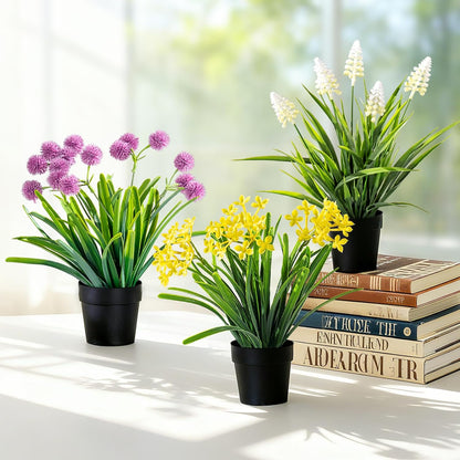 3 Pack Fake Small Plant Artificial Potted Flowers for Home Decor Fake Flower Plant Greenery Mini Faux Plant for Indoor Bedroom Living Room Office Shelf Bathroom Farmhouse Decor (Type 10)