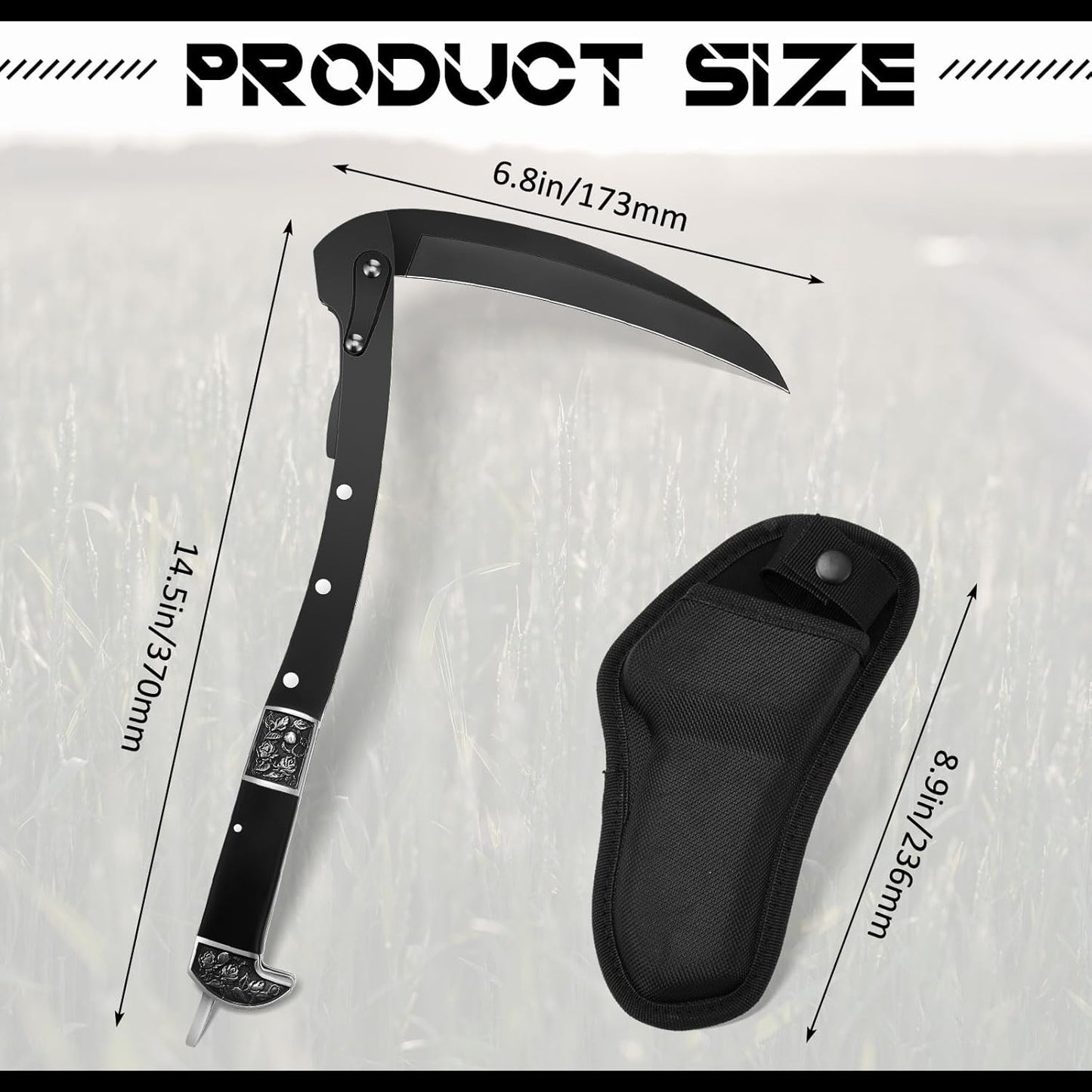 WILLBOND Black Sharp Folding Sickle Garden Tool Portable Safety Grass Hand Sickle Knife with Sheath Wooden Handle 2 Sections for Gardening Farming Lawn Grass Weeds Hand Tools