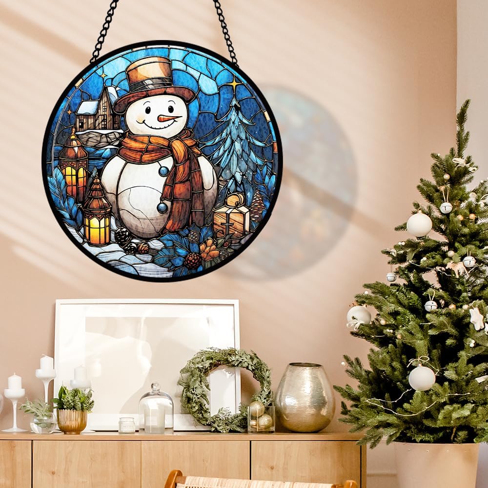 Snowman Stained Glass Window Hanging, Christmas Snowman Stained Glass Window Hanging, Snowflake Glass Ornam Decoration for Winter Holiday Party, Merry Christmas Glass Ornament Gift for Family Friend