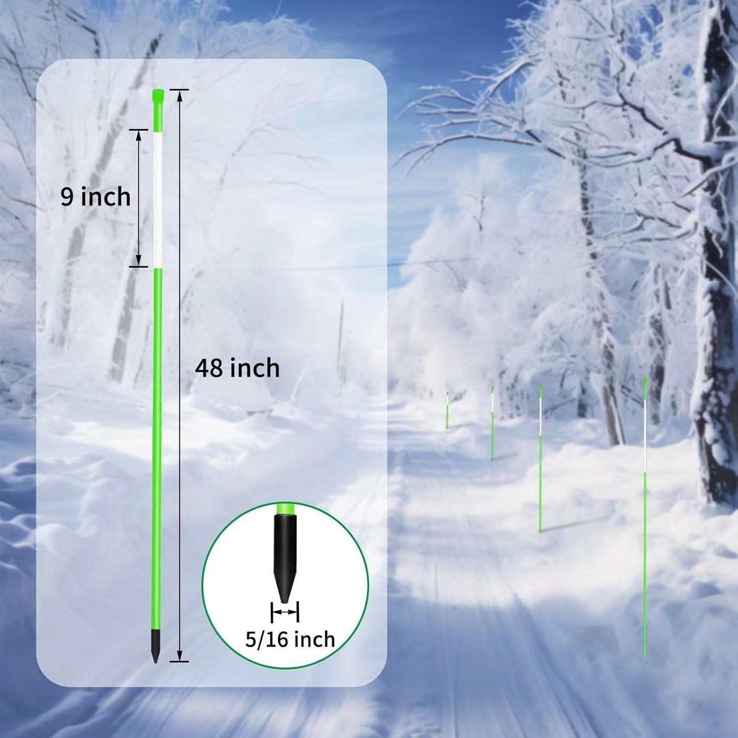 Growsun Driveway Marker 48 inch Green Fiberglass 5/16 inch Dia Snow Fence Reflective Plow Stakes for Yard Walkways Parking Lots Safety Rods Edge, 25 Pack