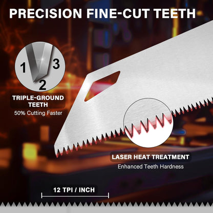 HAUTMEC 14" X-Sharp Compact Hand Saw for Cuts Comfort, Quality and Accuracy, Fine-Cut Handsaw with 12 TPI Triple-Ground Teeth and 1mm Thickened Large Blade, Bi-Material Ergonomic Handle – HT0295
