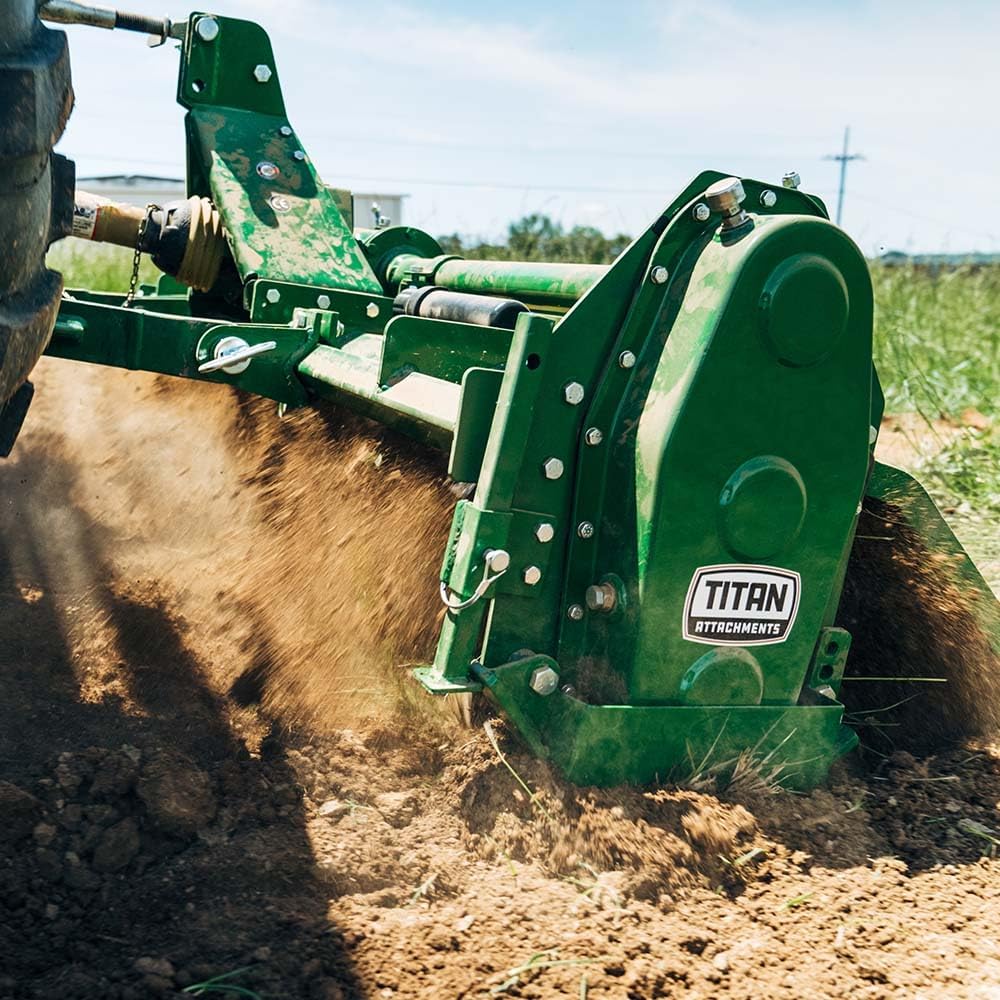 Titan Attachments 3 Point 48" Rotary Tiller Attachment, Fits Cat 1 Tractors, Green Finish, PTO Driven Cultivator with a 540 RPM Gearbox, Replaceable Tines, Aerates Ground Soil