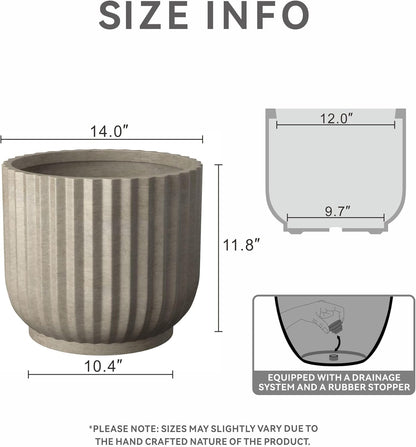 Kante Round Fulted Planter, 14 Inch Dia Large Concrete Plant Pots with Drainage Hole and Rubber Plug, Modern Decor for Indoor Outdoor Plants, Flower, Weathered Concrete