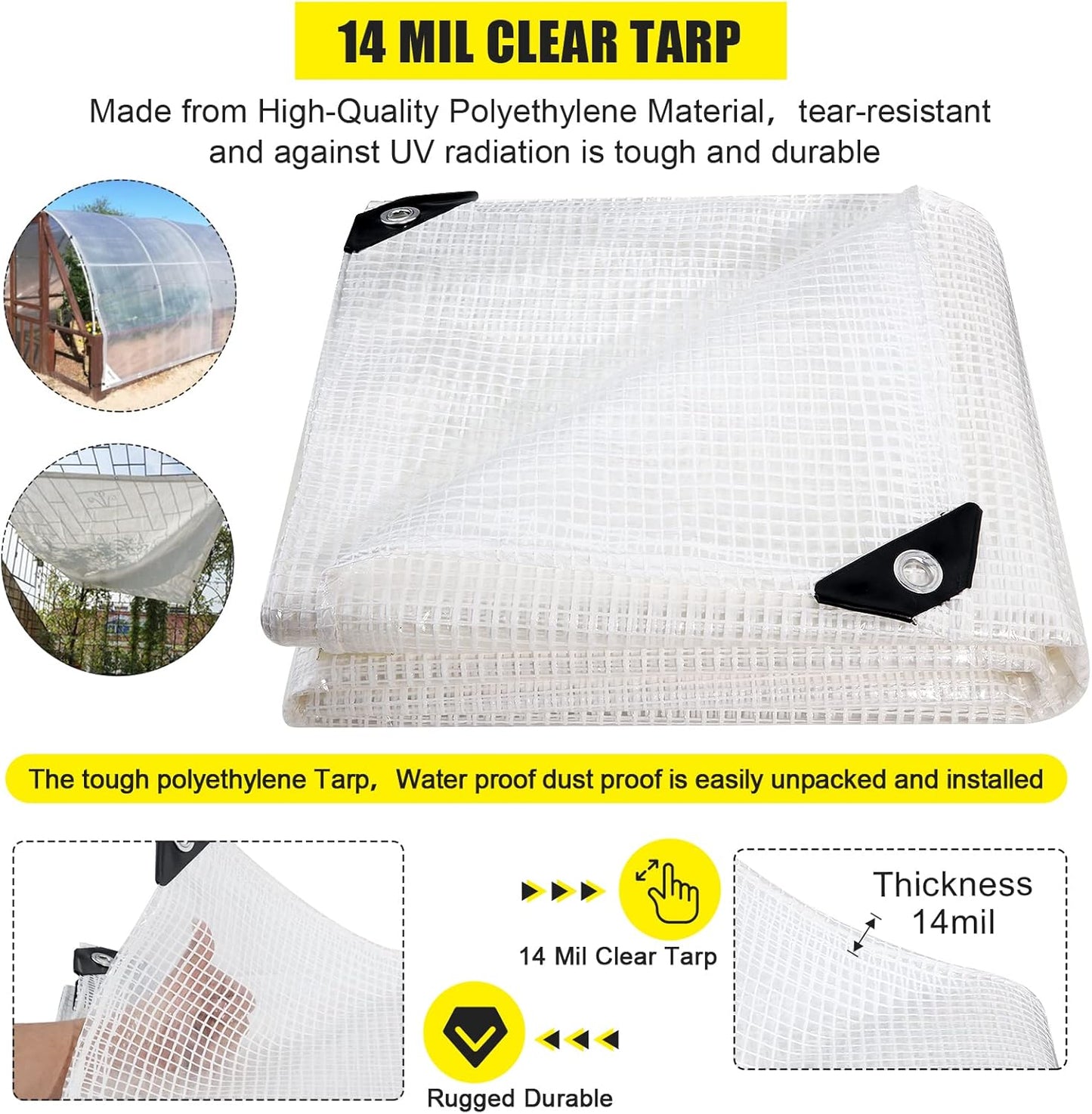 Clear Greenhouse Heavy Duty tarp 14 Mil Clear Waterproof Cover,UV Resistant Poly Tarp with Grommets 8x6ft Superior Strength,for Gardening, Farming, Nursery, Garden