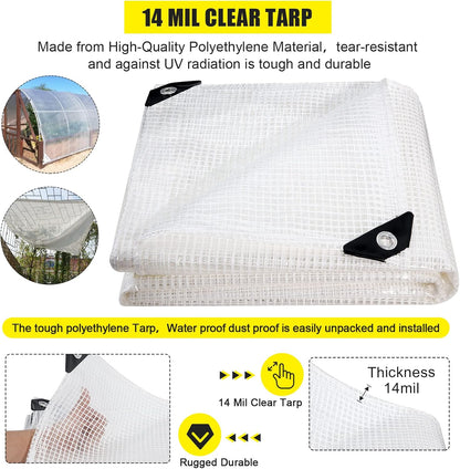 Clear Greenhouse Heavy Duty tarp 14 Mil Clear Waterproof Cover,UV Resistant Poly Tarp with Grommets 12x8ft Superior Strength,for Gardening, Farming, Nursery, Garden