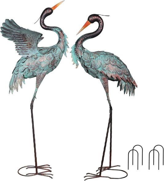 YEAHOME Garden Decor Outdoor Statues, 38"/36" Large Metal Heron Standing Yard Art, Blue Crane Lawn Sculptures Garden Decor for Outside Patio Porch Backyard, Set of 2