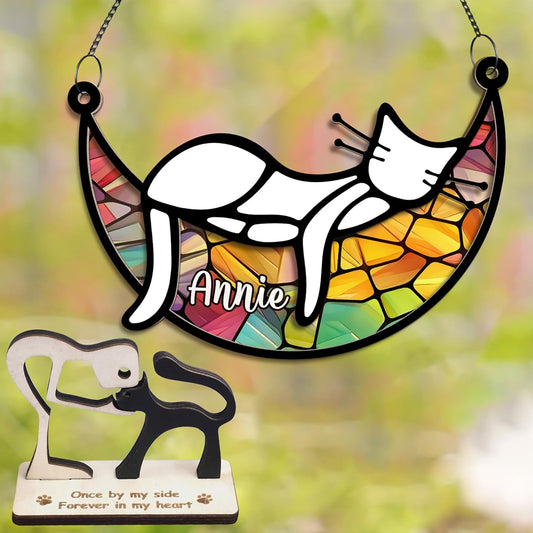 Cat Memorial Suncatcher, Personalized Name Pet Sleeping on Moon Ornament Window Car Hanging