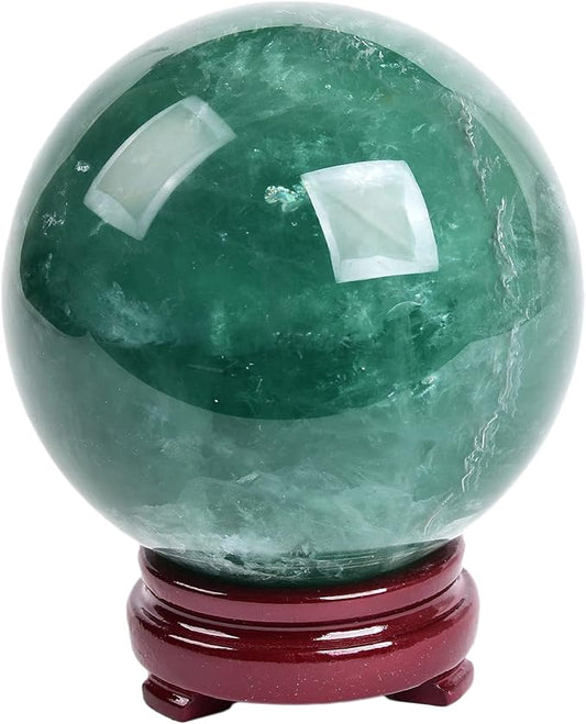 JIC Gem Large Healing Crystal Ball, Green Fluorite Crystal Sphere with Stand Crystal Decorative Ball Home Decoration (100-110mm)