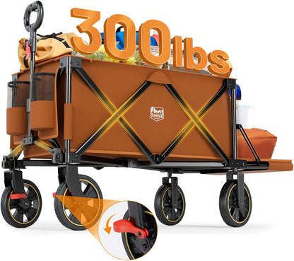 TIMBER RIDGE 49" Extra Long Collapsible Folding Wagon with Tailgate and Brakes, 250L Capacity All-Terrain Wagon Carts Foldable, 300lbs Portable Cart for Dog, Garden, Outdoor Camping Sports, Orange