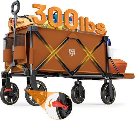 TIMBER RIDGE 49" Extra Long Collapsible Folding Wagon with Tailgate and Brakes, 250L Capacity All-Terrain Wagon Carts Foldable, 300lbs Portable Cart for Dog, Garden, Outdoor Camping Sports, Orange