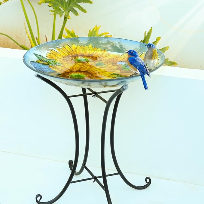 MUMTOP Outdoor Glass Birdbath with Metal Stand for Outside Lawn Yard Garden Sunflower Decor,18??Dia/21.65 Height