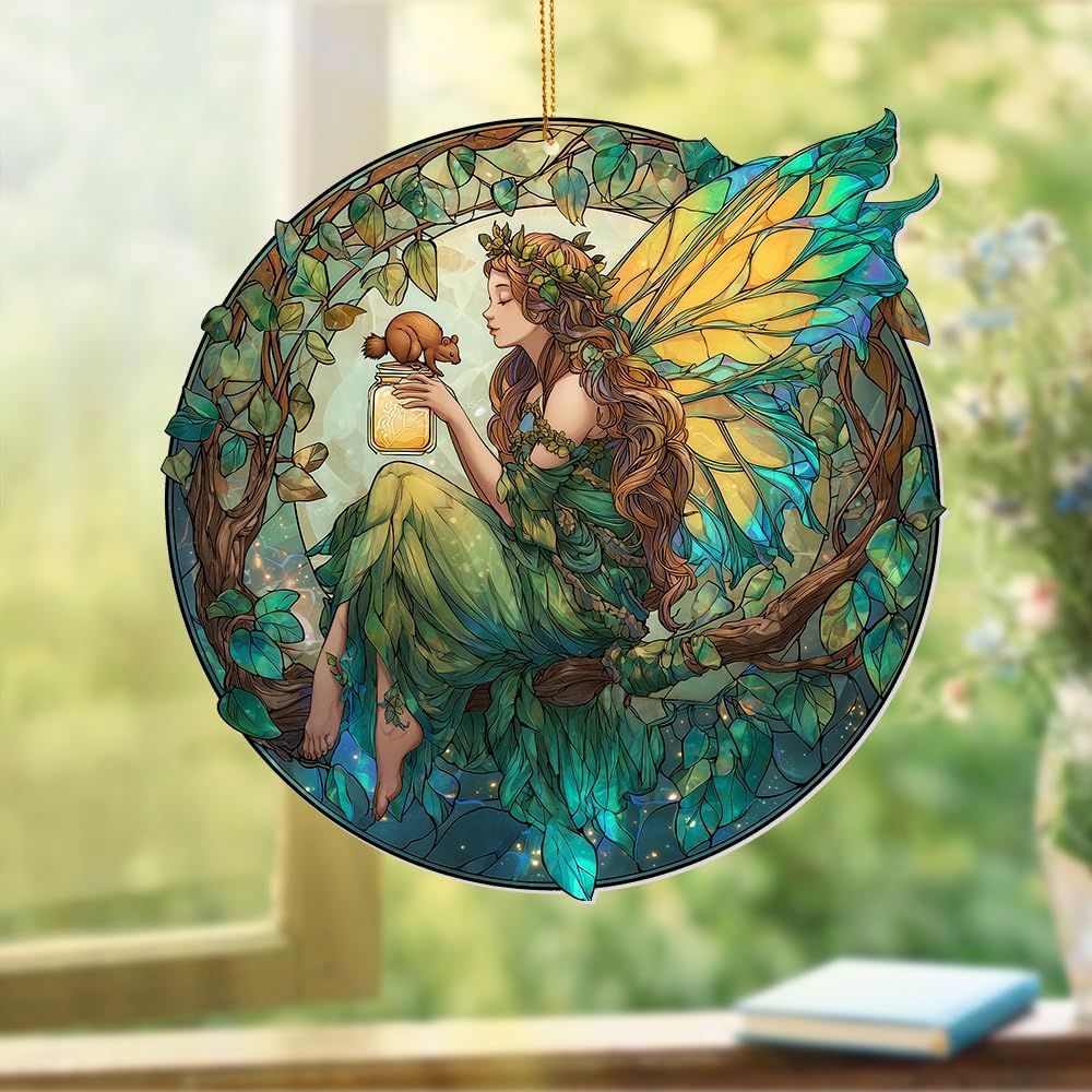 Fairy Ornament Acrylic Suncatcher – Enchanted Forest Fairy Sitting in Circle with Squirrel, Stained Glass Style Window Hanging Decor, Christmas Ornament Gift for Women, Fantasy Home Decor, (Sun-34)