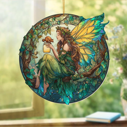 Fairy Ornament Acrylic Suncatcher – Enchanted Forest Fairy Sitting in Circle with Squirrel, Stained Glass Style Window Hanging Decor, Christmas Ornament Gift for Women, Fantasy Home Decor, (Sun-34)
