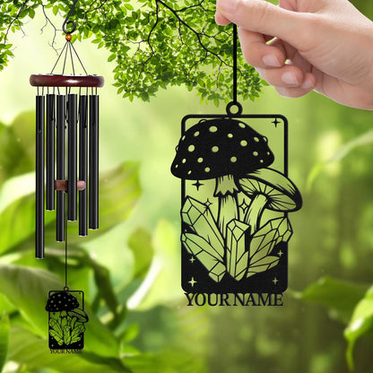 Personalized Customize Name Fantasy Mushroom Wonderland Wind Chime, Metal Iron 37 Inch Outdoor Memorial Gift for Garden Yard Patio Home Decor, Black (Style J)