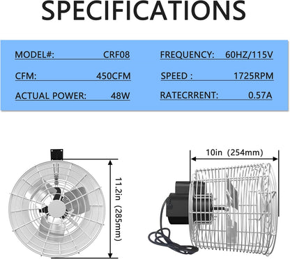 Air Circulation Fan 1/80HP 450CFM Greenhouse Ceiling Wall Mount High-efficiency Air Circulation Fan for Greenhouse, Patio, Garage
