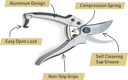Kings County Tools 8" Steel Bypass Pruner | Spring-Loaded Snap Catch | Cast Aluminum with Rubber Surface Grips | Works Best with Green Branches and Material