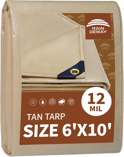 RAINDEWAY 6x10 Feet Heavy Duty 12 Mil Tan Poly Tarp Cover,UV Resistant,Weatherproof,Durable,Multipurpose Waterproof Small Tarp with Grommets and Reinforced Edges