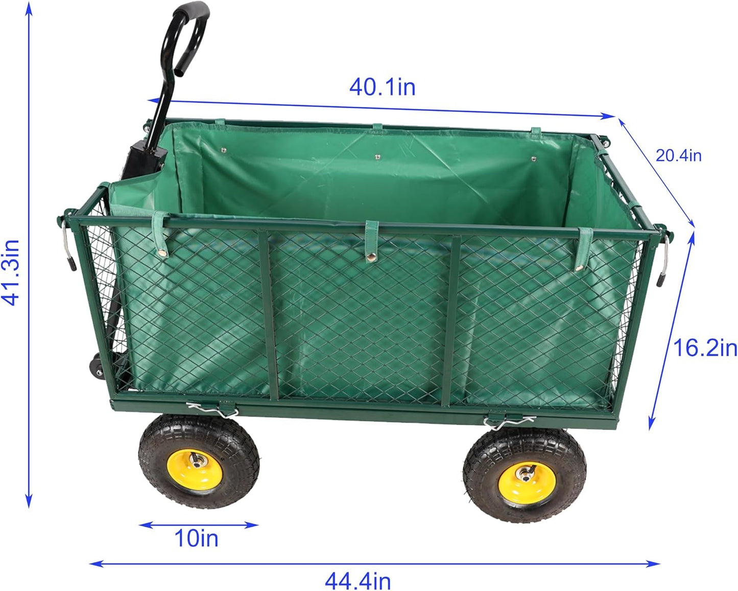 Heavy Duty Garden Wagon with Foldable Sides, Pneumatic Tires, Adjustable Handle (Green + Cloth Pocket)