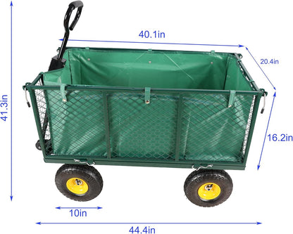 Heavy Duty Garden Wagon with Foldable Sides, Pneumatic Tires, Adjustable Handle (Green + Cloth Pocket)