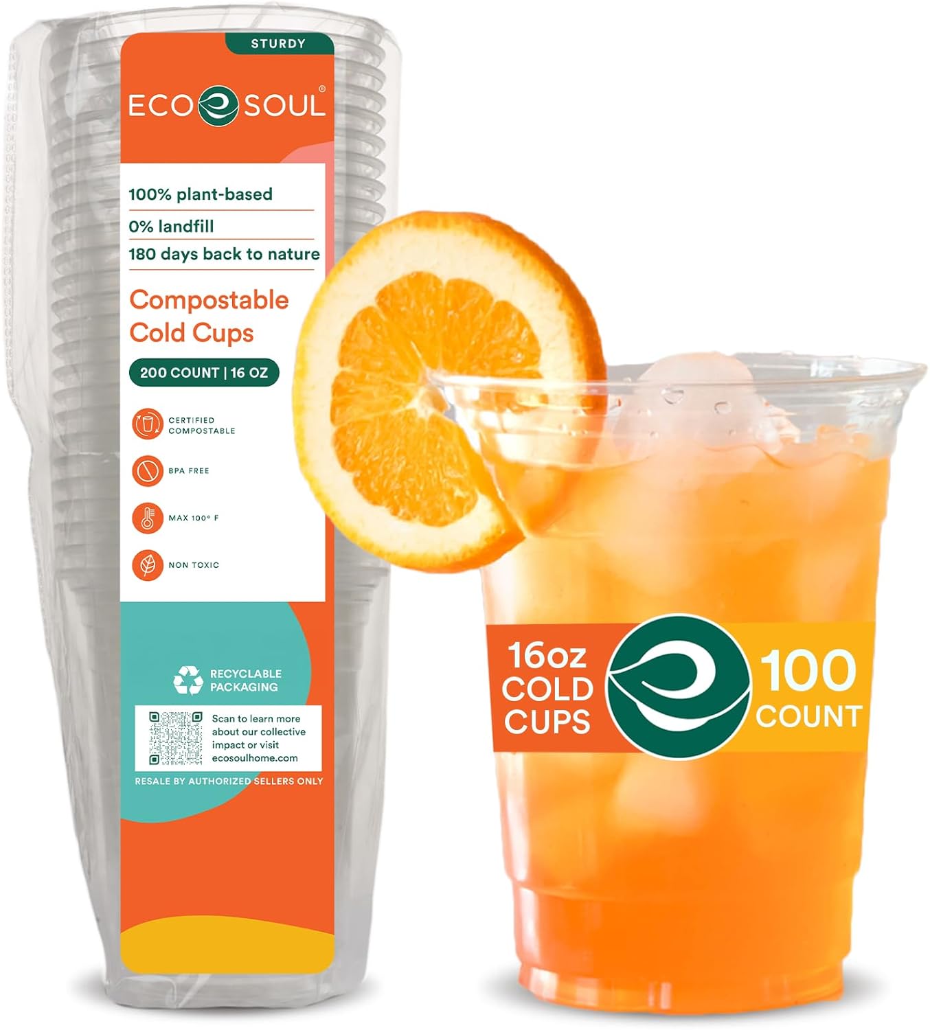 ECO SOUL 100% Compostable, Disposable Party Cups | Eco-friendly Party Cups | (100 Count, 16 oz Cold Cups)