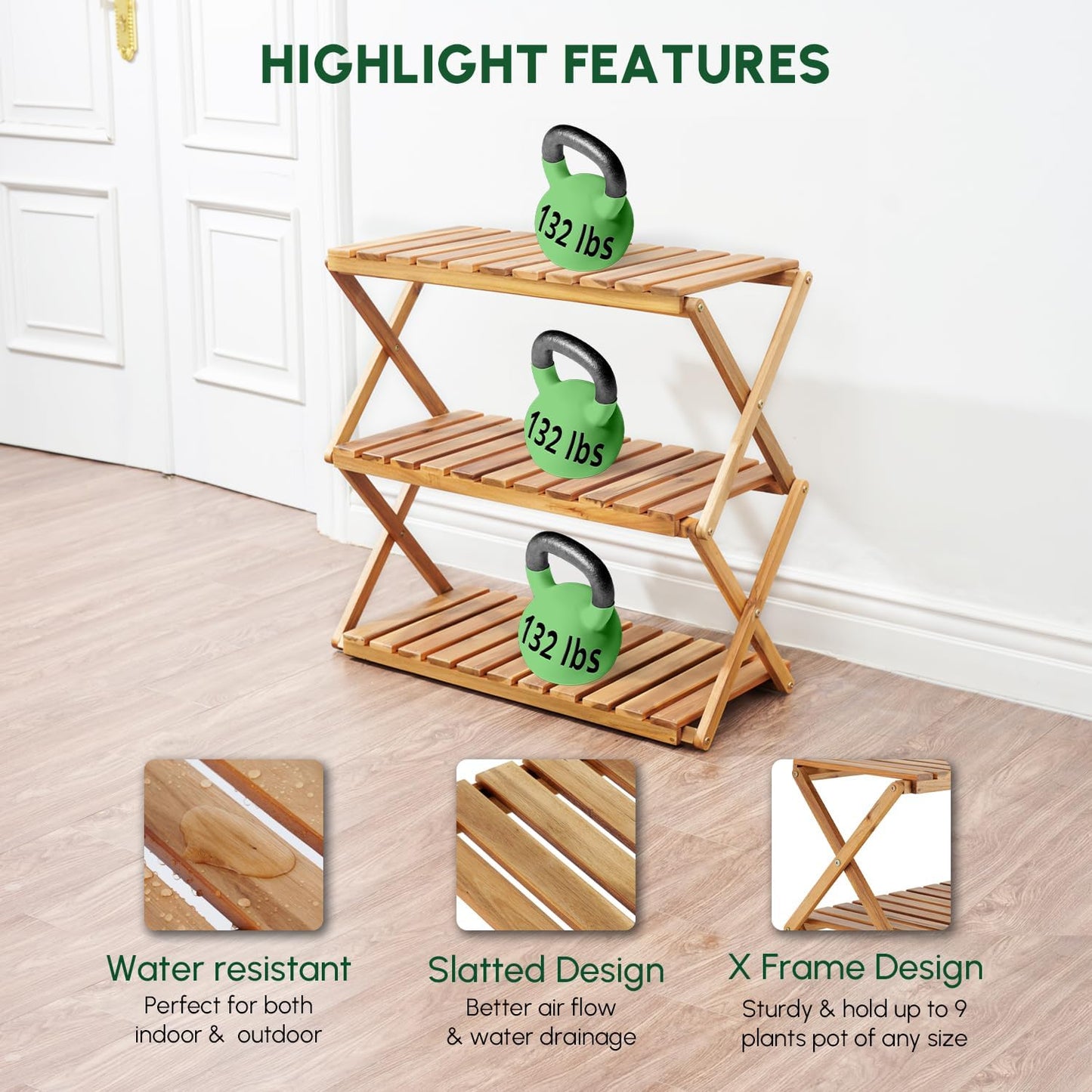 BEEFURNI Acacia Plant Stand Indoor, Wooden Outdoor Planter Stand, 3 Tier Succulent Shelf, Easy Assembly, Patio Balcony Sunroom Decor, Flower Garden Shelf, 1-year Manufacturer Warranty (Natural Wood)