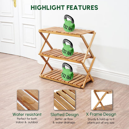 BEEFURNI Acacia Plant Stand Indoor, Wooden Outdoor Planter Stand, 3 Tier Succulent Shelf, Easy Assembly, Patio Balcony Sunroom Decor, Flower Garden Shelf, 1-year Manufacturer Warranty (Natural Wood)