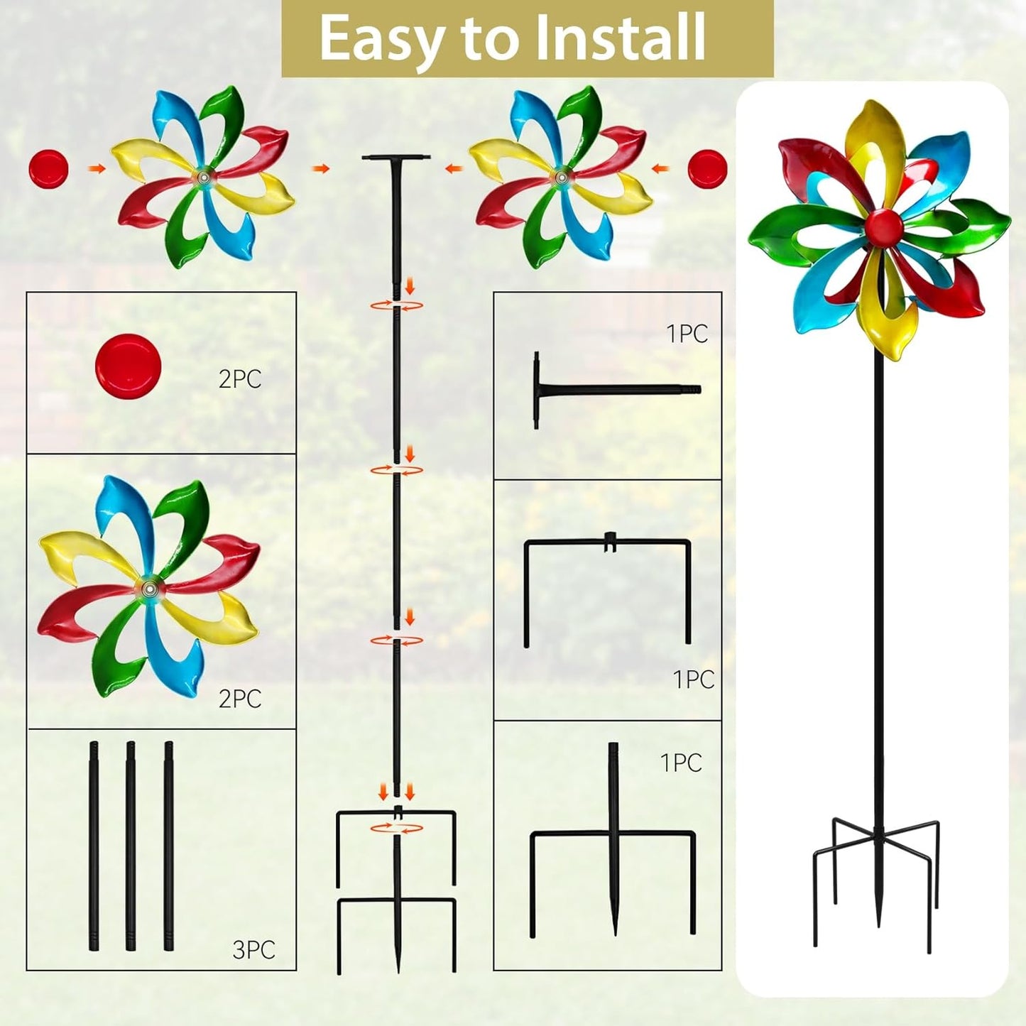 Colorful Metal Wind Spinners for Outdoor - 13 Inch Smooth Spinning Garden Wind Sculptures, Wind-Catcher with Upgraded Stable Stakes for Yard & Patio Decoration