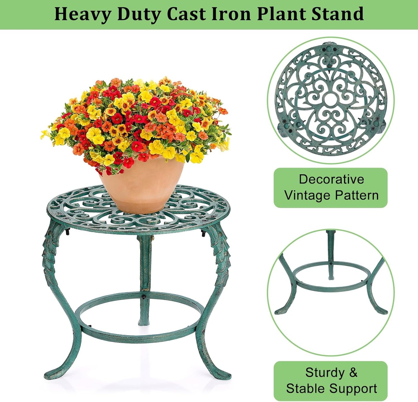 OwnMy Cast Iron Plant Stand Heavy Duty Vintage Wrought Iron Flower Pot Holder, Decorative Pedestal Potted Plant Rack, Indoor Metal Large Plant Stand for Outdoor Patio Garden Home, Antique Green