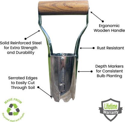 Garden Guru Eco Bulb Planter - 100% Recycled Stainless Steel - Rust Resistant - FSC Certified Wood Ergonomic Handle - Depth Marker for Consistent Planting Flowers Tulips, Daffodils, Dahlias(4Pack)