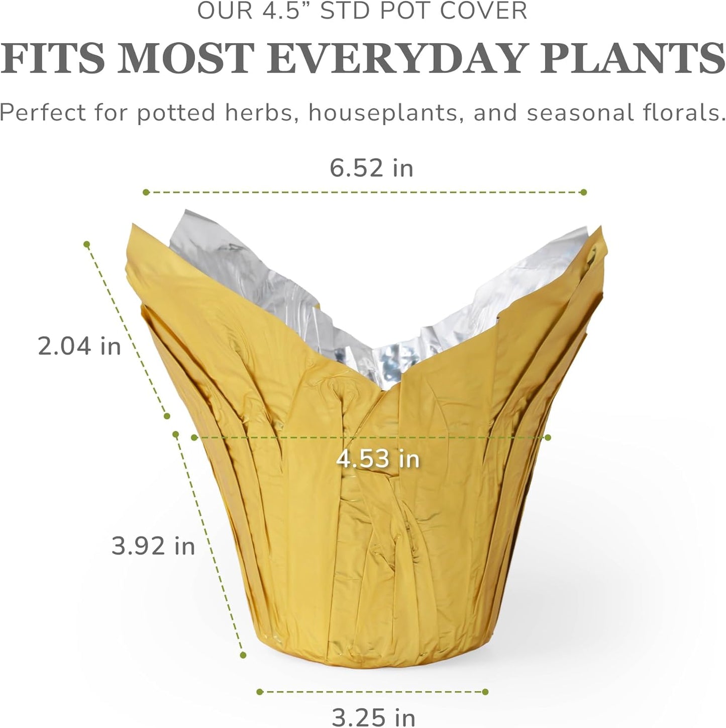 4.5” STD Plant Pot Covers, Decorative Plant Sleeve for Indoor & Outdoor House Plants, Reusable and Gift-Ready Foil Wrap for Flower Pots, Gold, Pack of 5