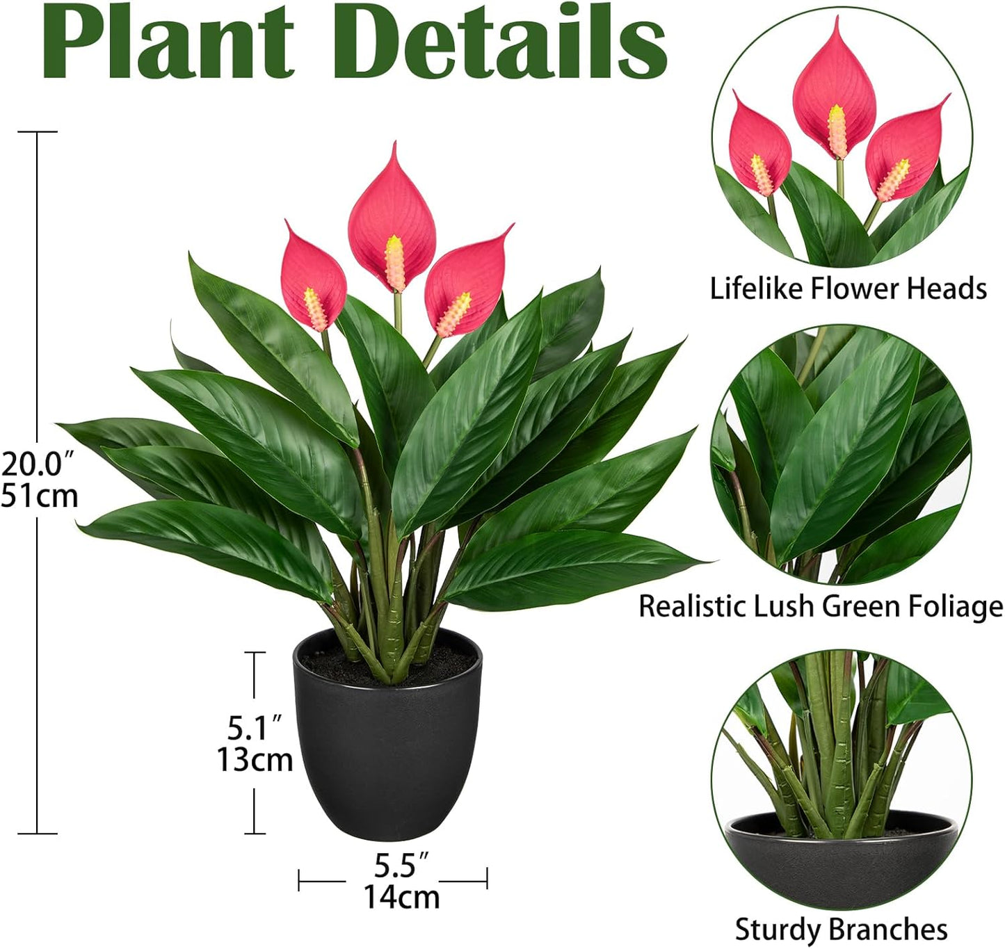 20'' Realistic Pink Anthurium Artificial Plant, Fake Potted Plants for Home Office Farmhouse Kitchen Bathroom Table Shelf Decor