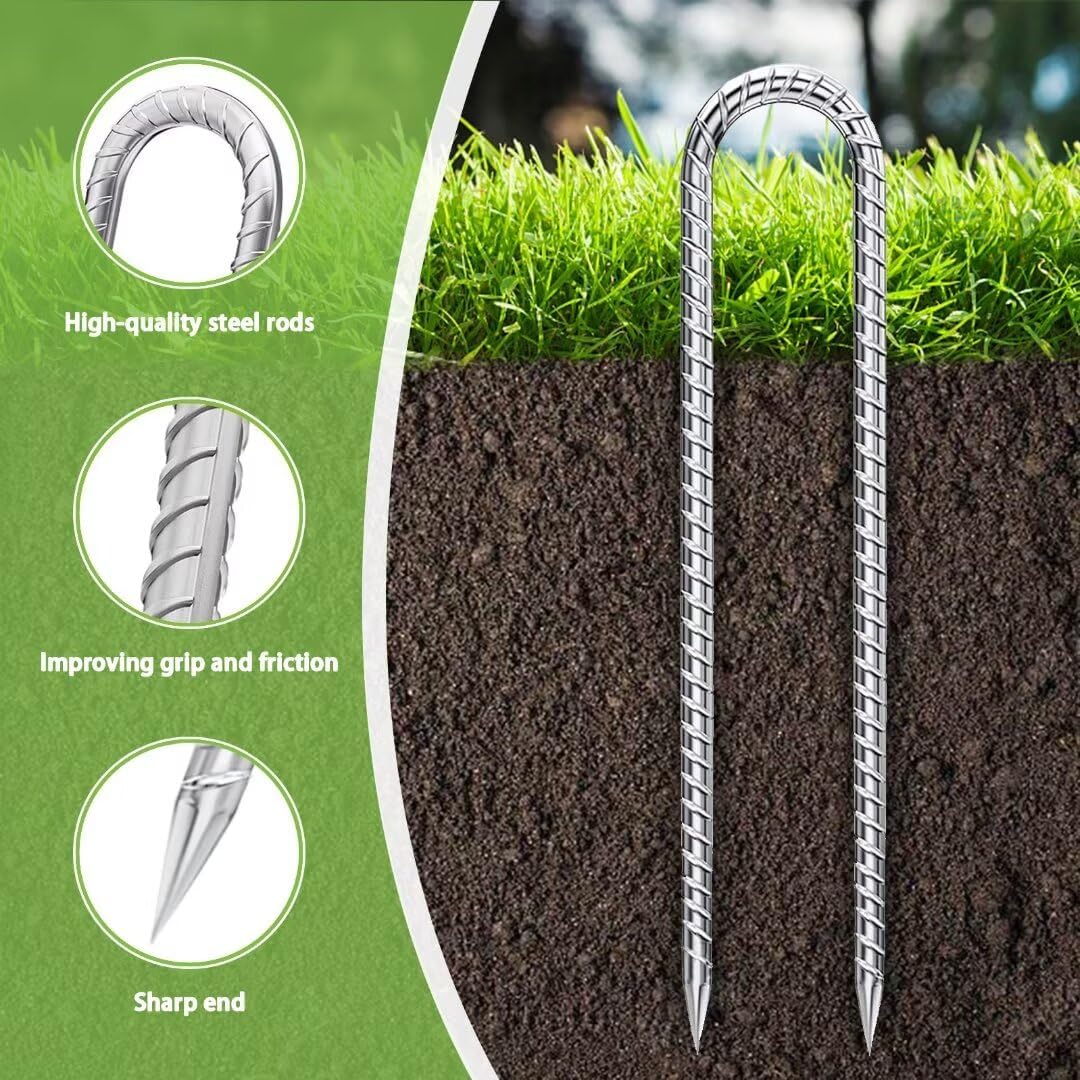 Rebar-Stakes-12-Inch-U-Shaped, Ground Stakes Heavy Duty for High Winds Galvanized Anti-Rust 10pcs Metal Stakes for Ground Heavy Duty Ground Anchors for Garden Dog Fence Chicken Coop Water Pipe