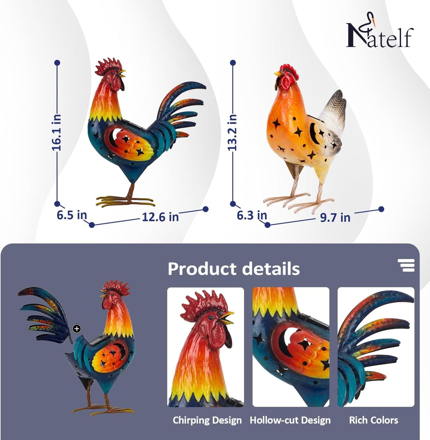 Natelf Solar Rooster Hen Yard Decorations Outdoor Metal Yard Decor Animal Chickens Yard Art for Garden Decor, Lawn Ornament for Porch Backyard Patio Coop Kitchen, Housewarming Gift, Set of 2